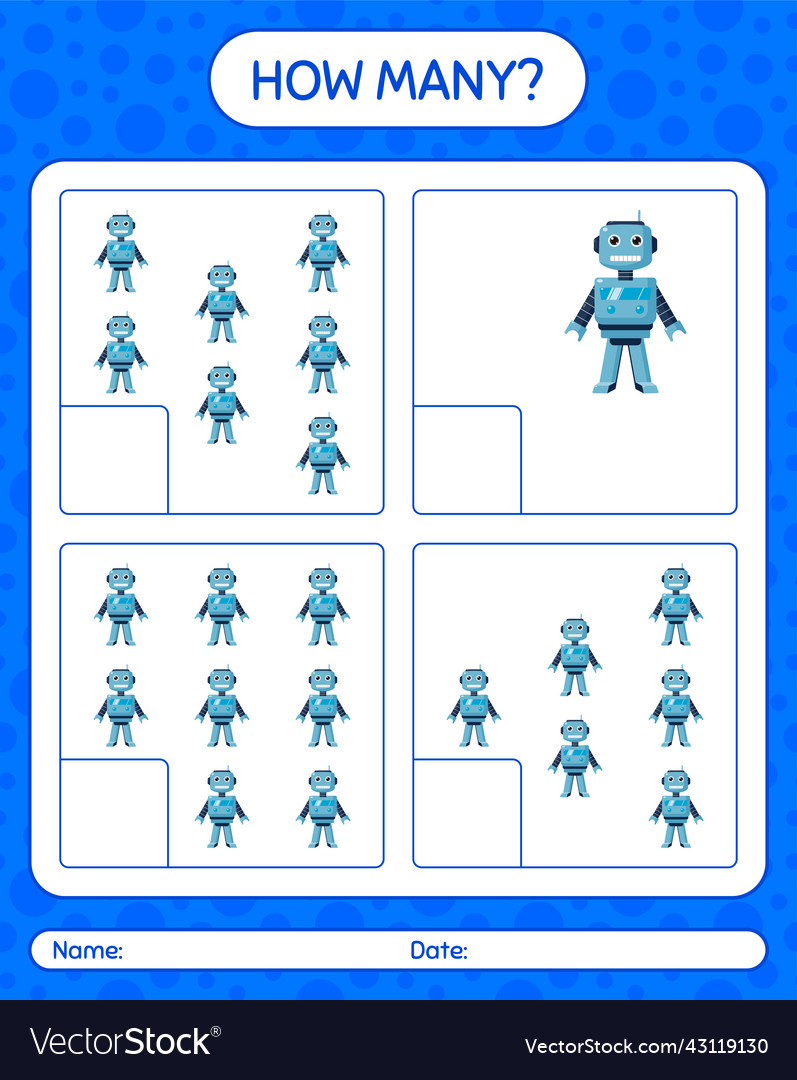 How many counting game with robot toy worksheet vector image How many counting game with robot toy worksheet