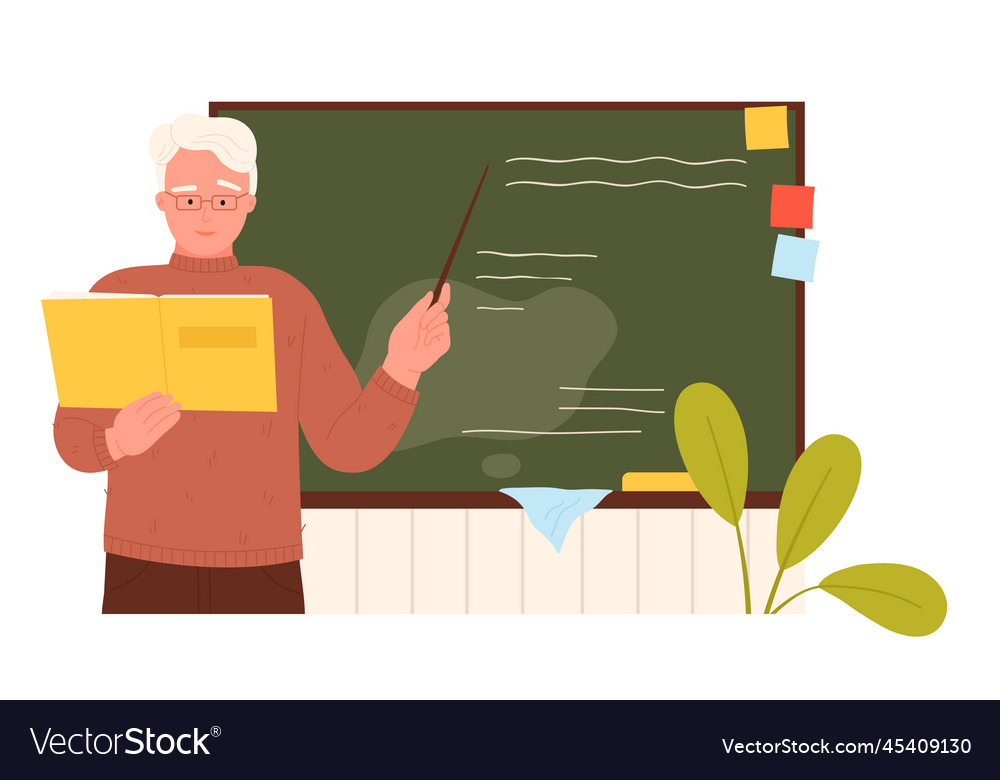 Male teacher standing at blackboard to explain Vector Image