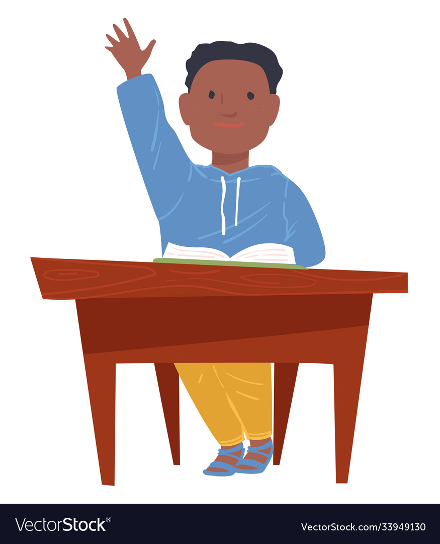 Schoolboy raising hand at lesson boy sitting by Vector Image