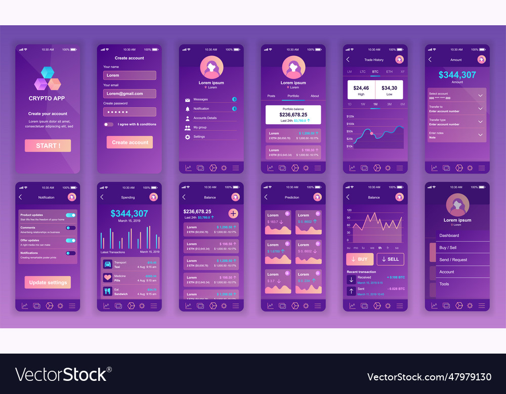 Set of ui ux gui screens cryptocurrency app flat Vector Image