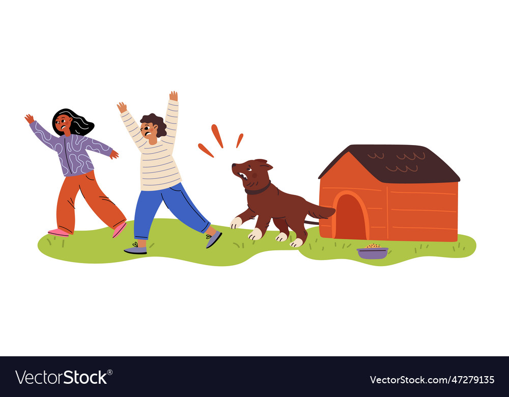 Children run away from evil chain dog kids phobia Vector Image