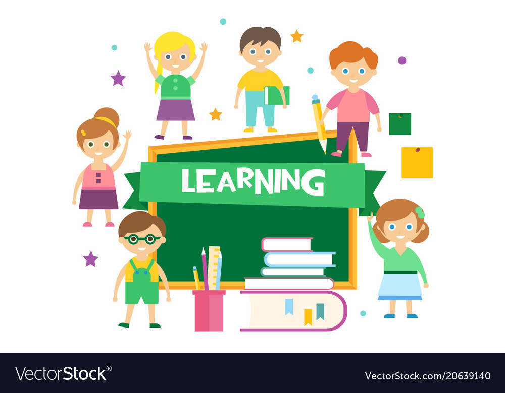 Cute happy schoolchildren and green chalkboard Vector Image