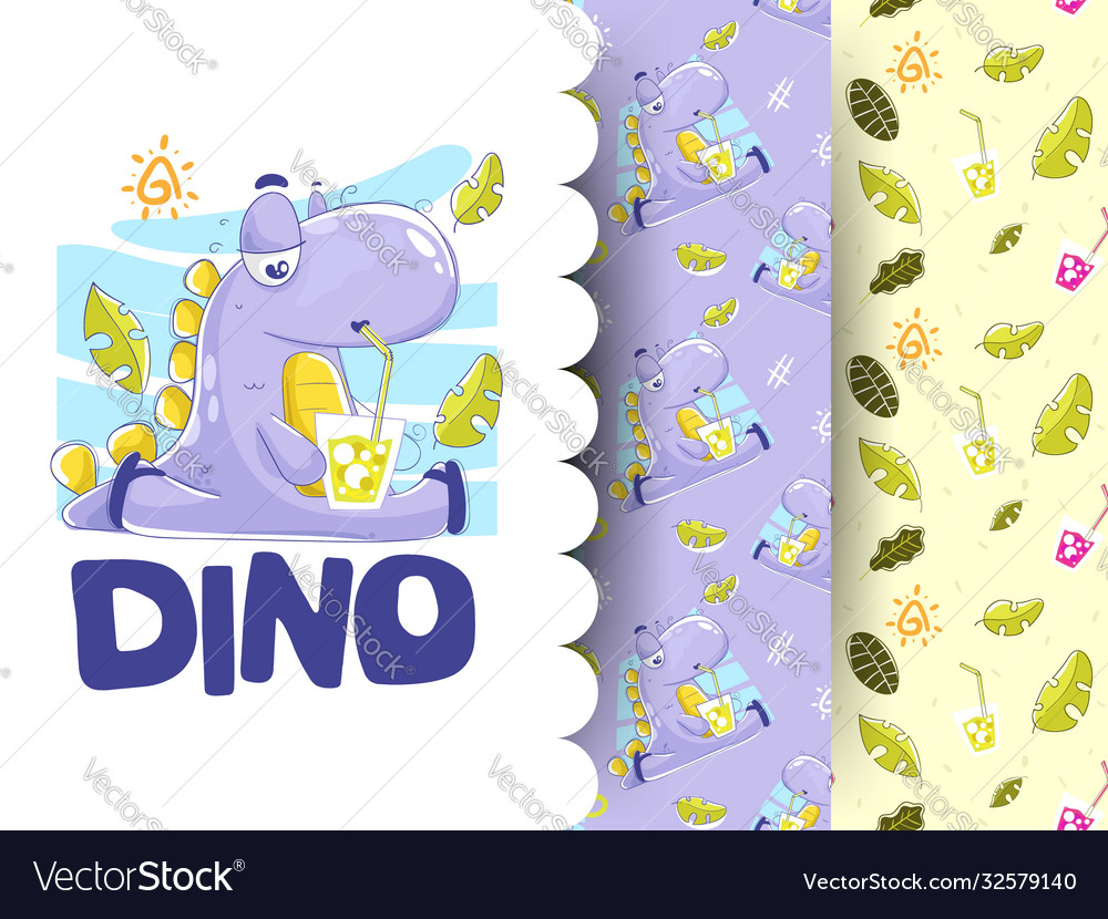 Dino drinking soda with patterns background
