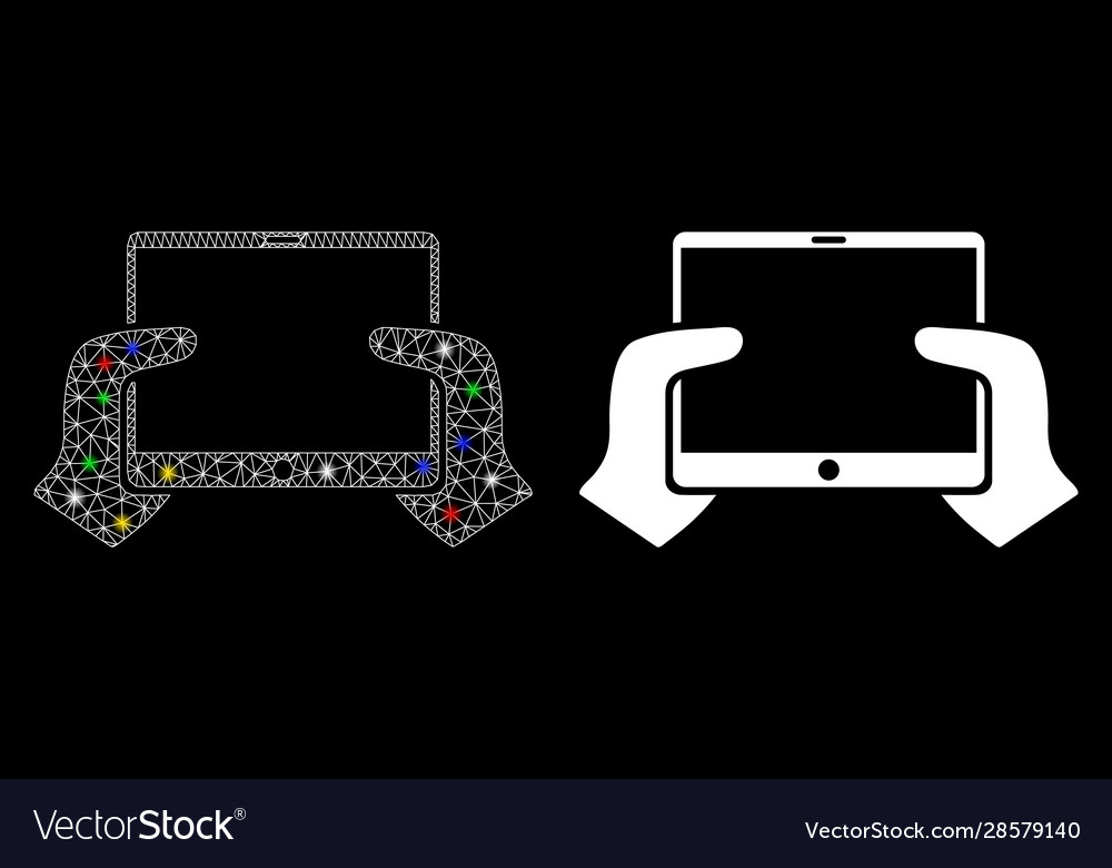 Glowing mesh 2d hands hold pda icon with light vector image Glowing mesh 2d hands hold pda icon with light