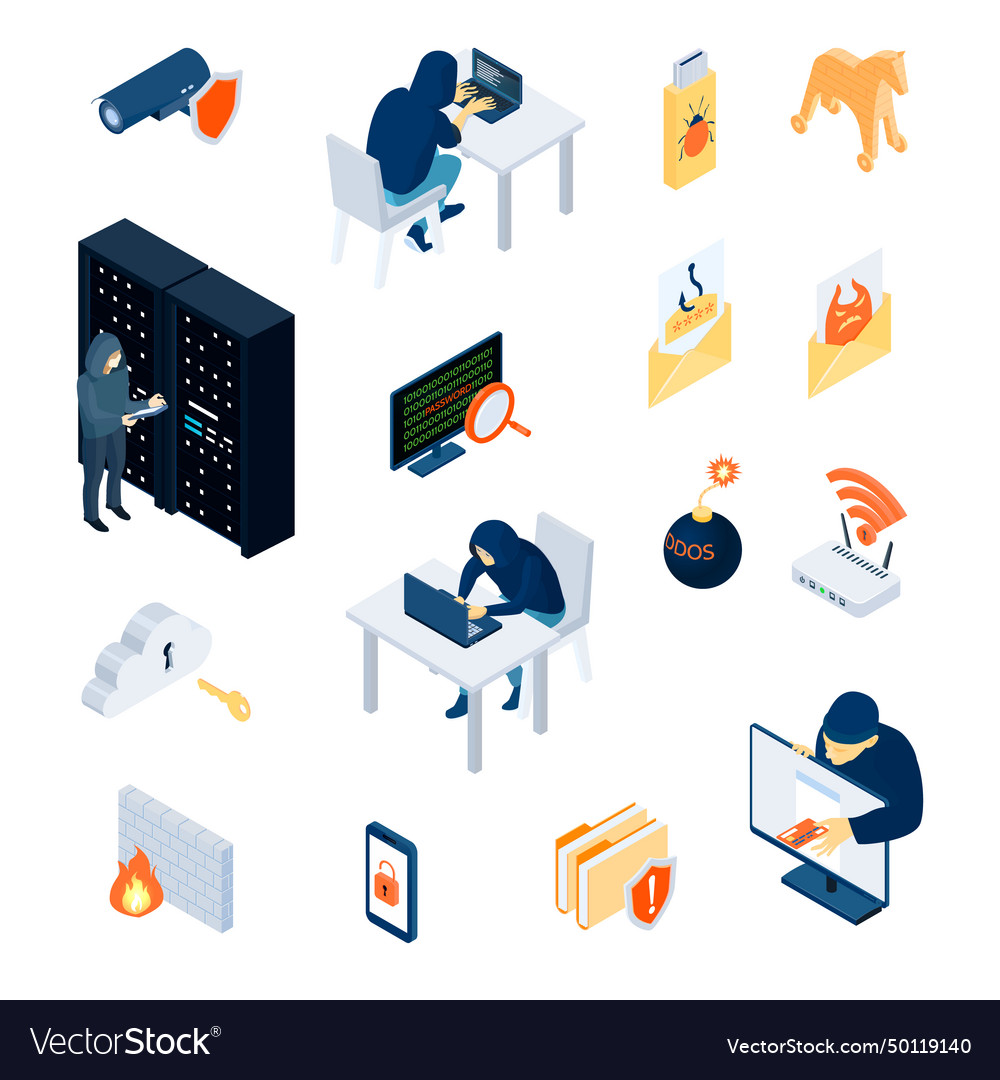 Hacker isometric icons set