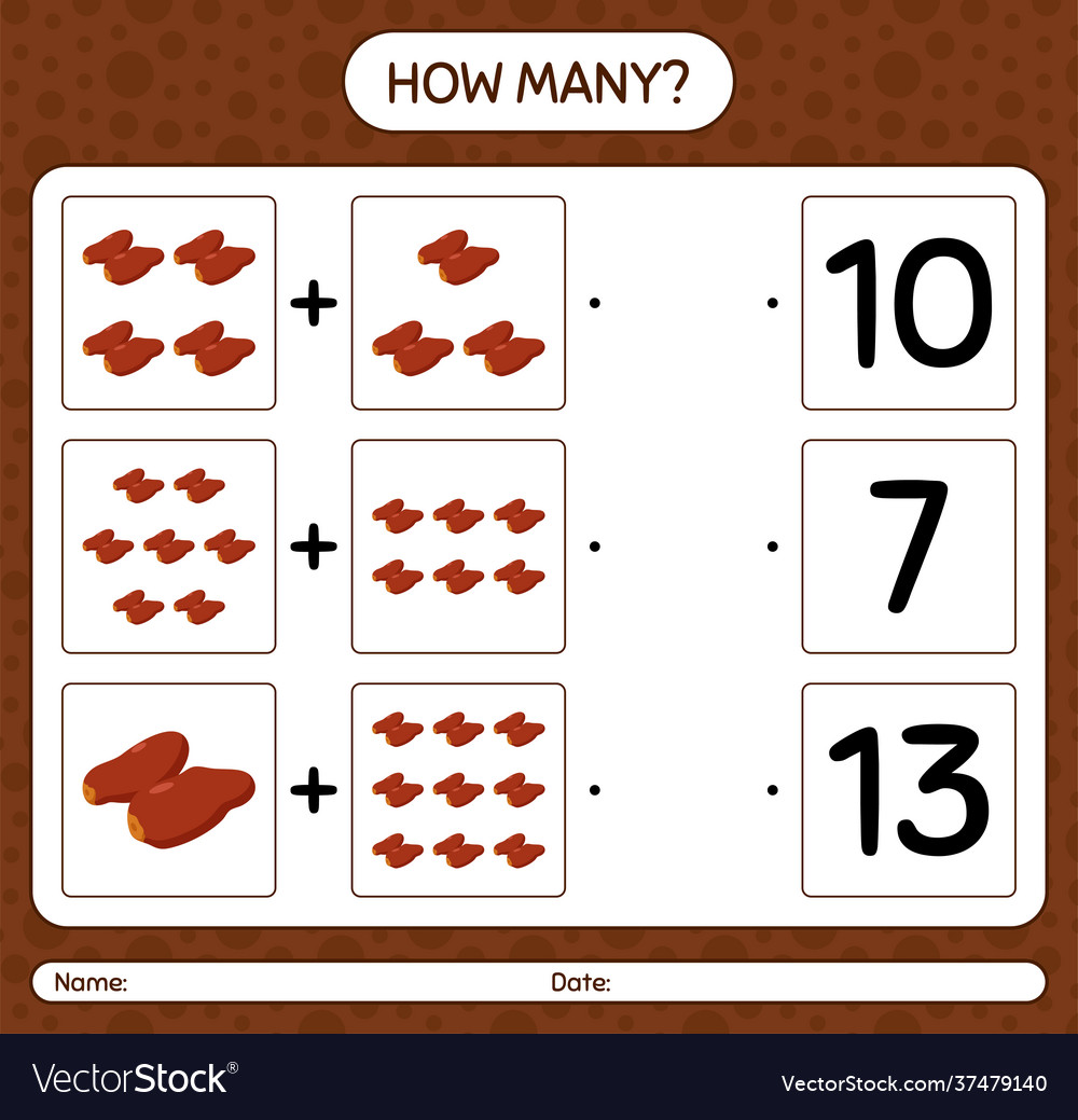 How many counting game with dates fruit worksheet vector image How many counting game with dates fruit worksheet