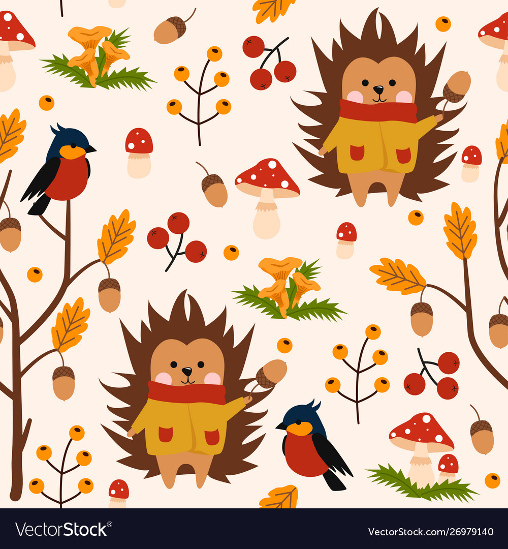 Seamless pattern with hedgehog and bird