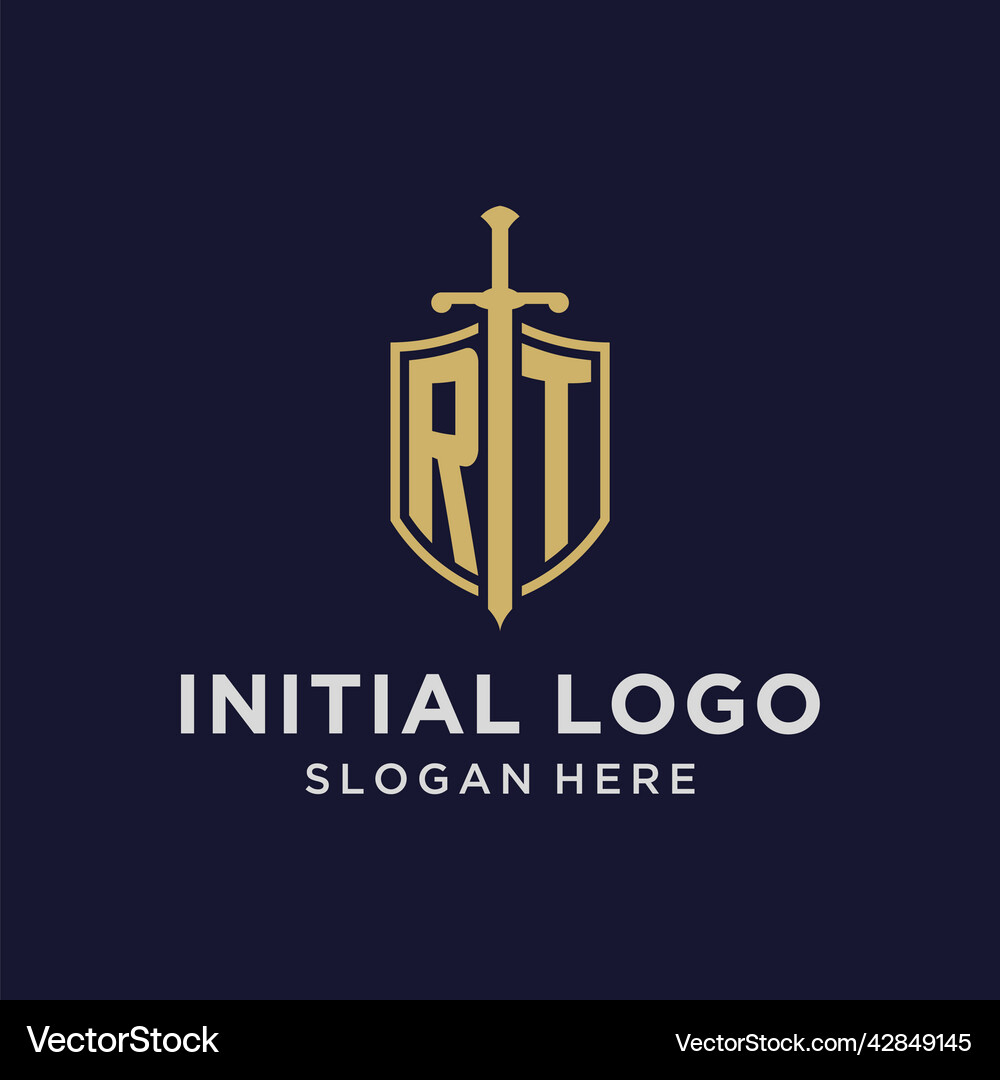 Rt logo initial monogram with shield and sword Vector Image
