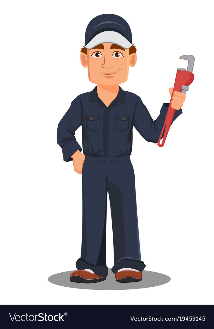Smiling Mechanic with Pipe Wrench