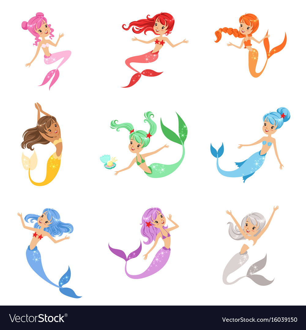 Cute fairy tale mermaid princess with colorful