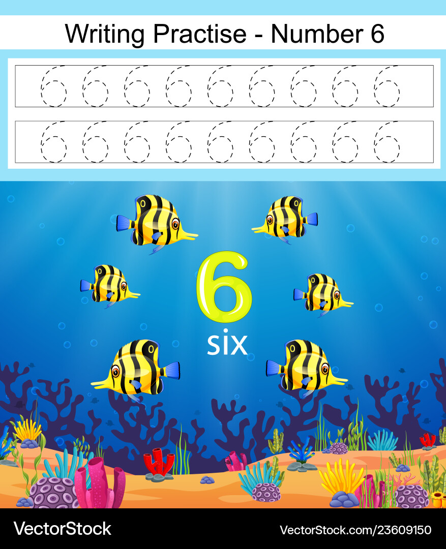 Writing practices number 6 with beautiful fish Vector Image