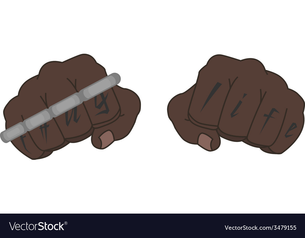 Black man fists with tattoo holding brass knuckles Black man fists with tattoo holding brass knuckles