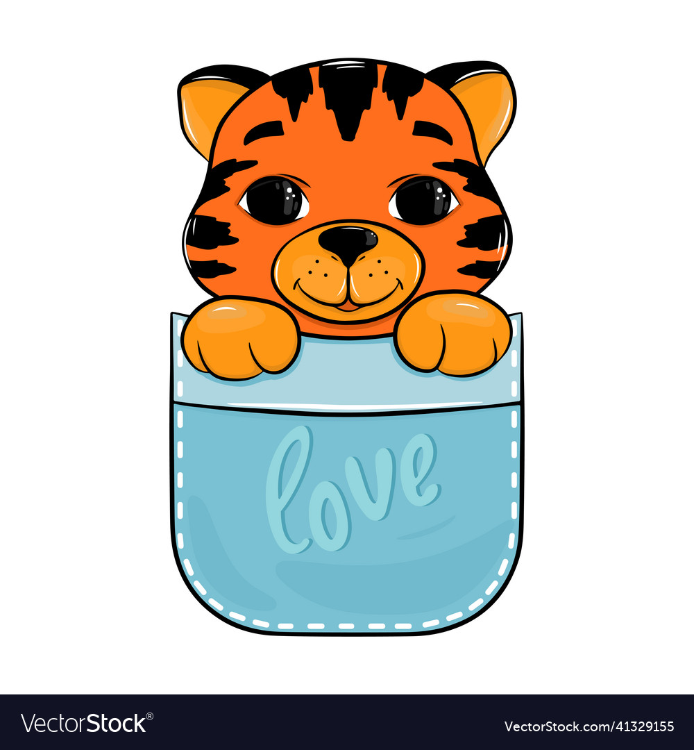 Cute cartoon tiger sitting in a pocket