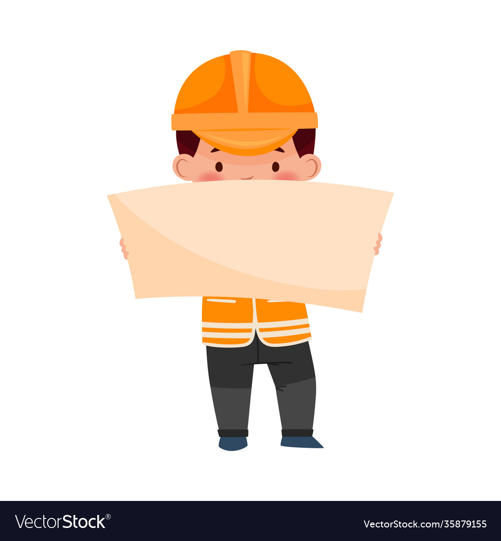 Funny boy builder in hard hat and orange vest Vector Image