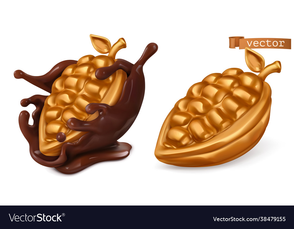 Golden cocoa fruit and chocolate splash 3d vector image Golden cocoa fruit and chocolate splash 3d