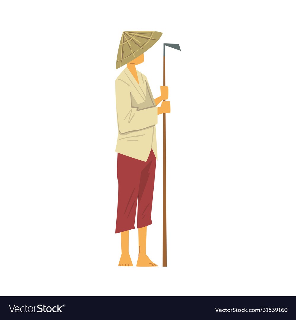 Asian farmer in straw conical hat standing