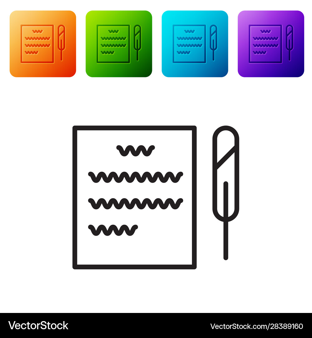 Black Line Feather Pen And Paper Scroll Icon Vector Image