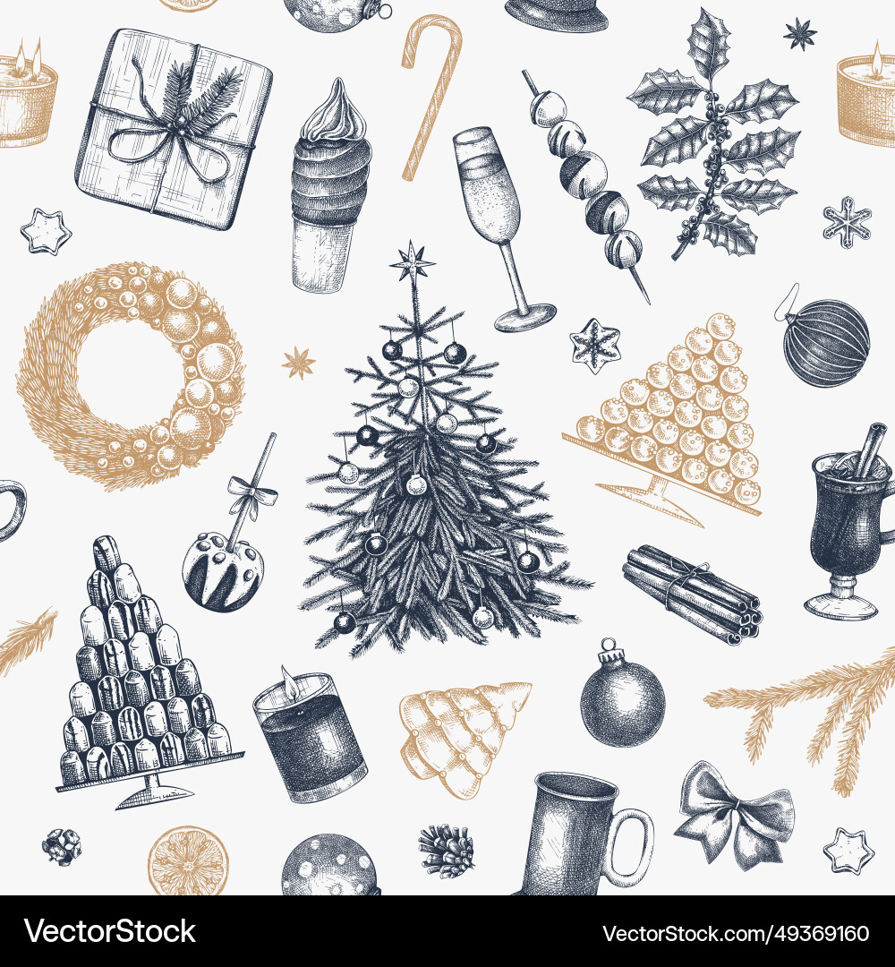 Christmas seamless pattern hand drawn vint Vector Image