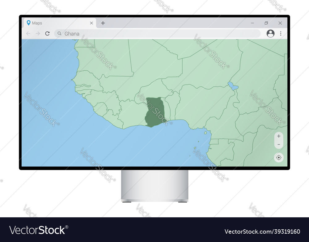 Computer monitor with map of ghana in browser Vector Image