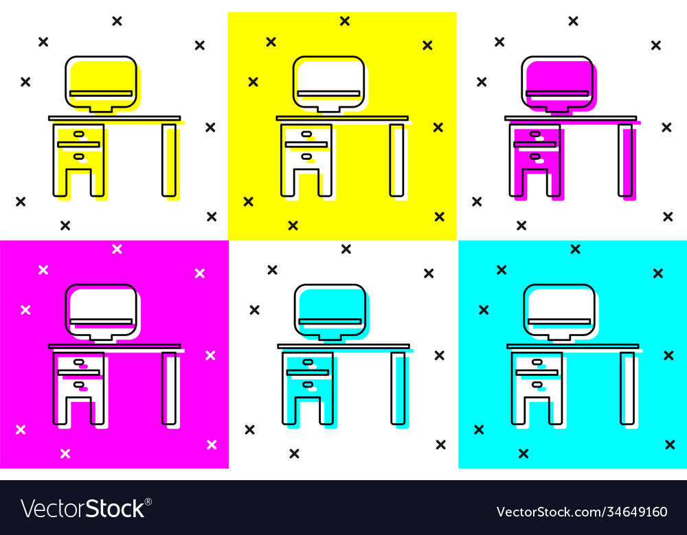 Set computer monitor and desk icon isolated vector image Set computer monitor and desk icon isolated