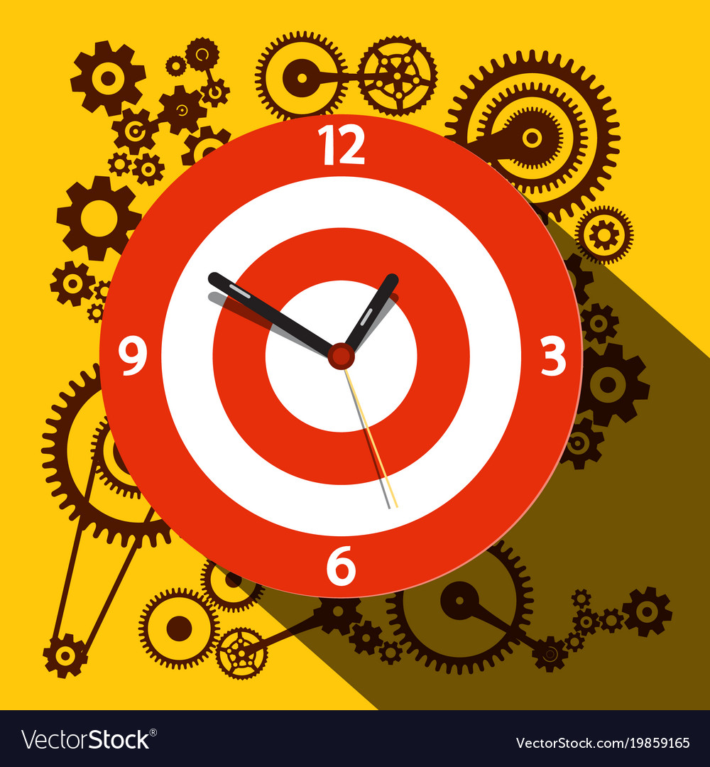 Circle clock face with cogs on background flat