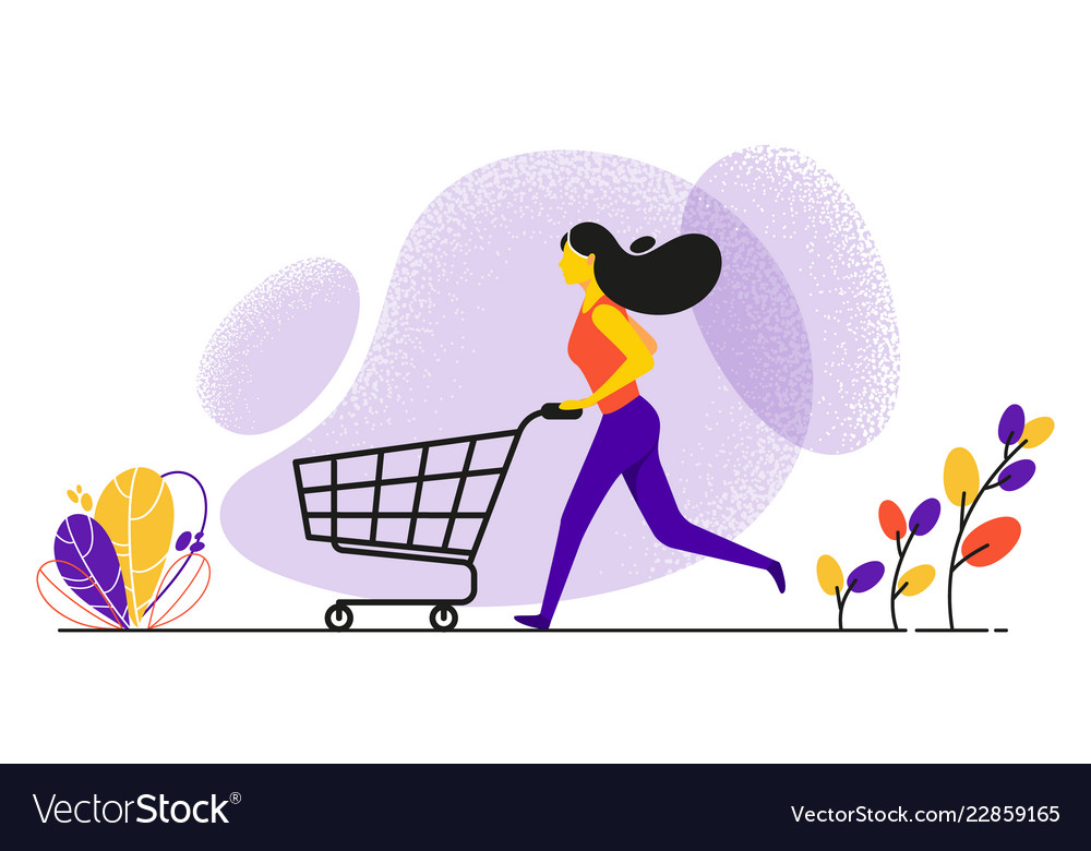 Running woman pushing shopping cart