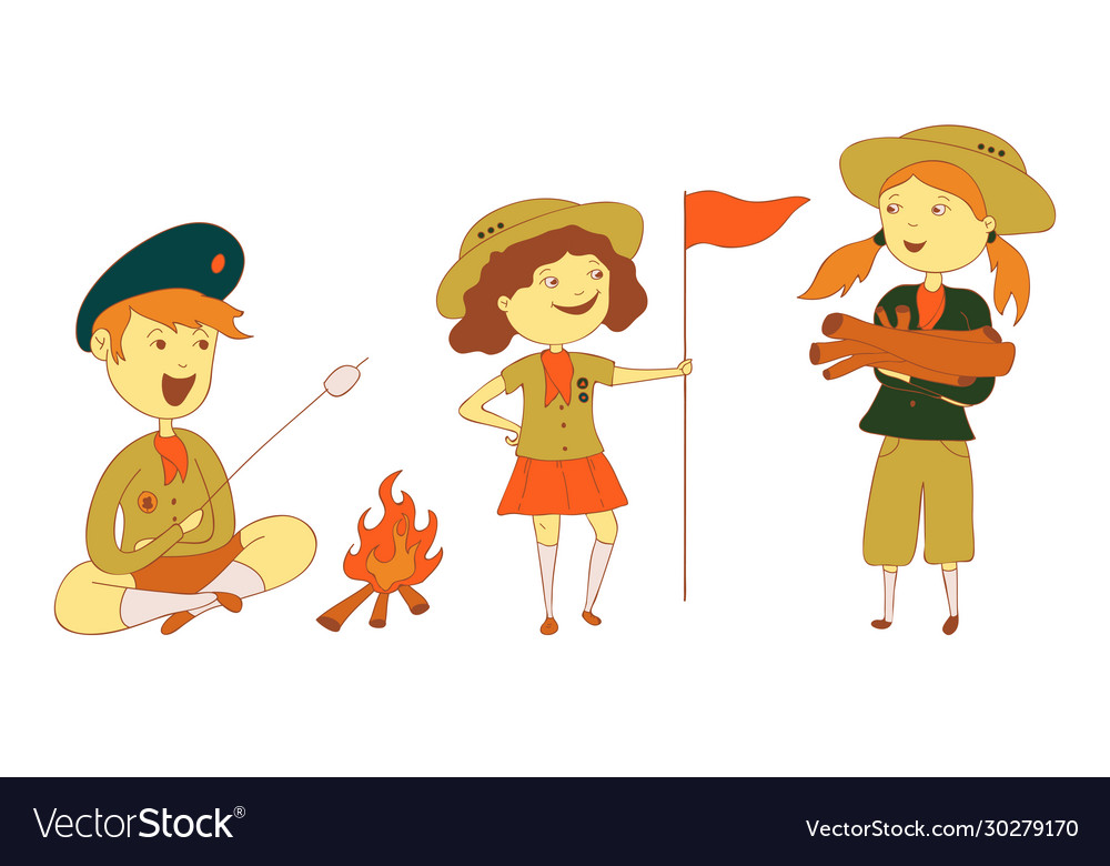 Kids scouts starting fire and carrying flag Vector Image