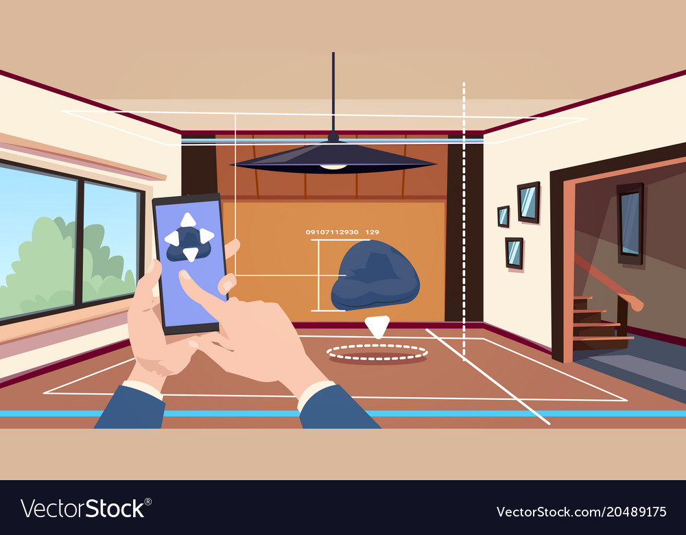 Hand using smart home app of control system over