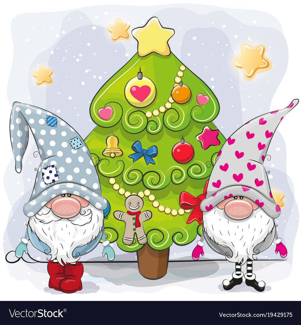 Download Two cute gnomes and christmas tree Royalty Free Vector Image