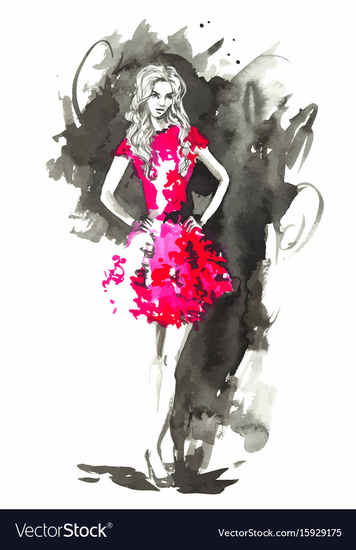 Aquarell Mode Mädchen in Rot