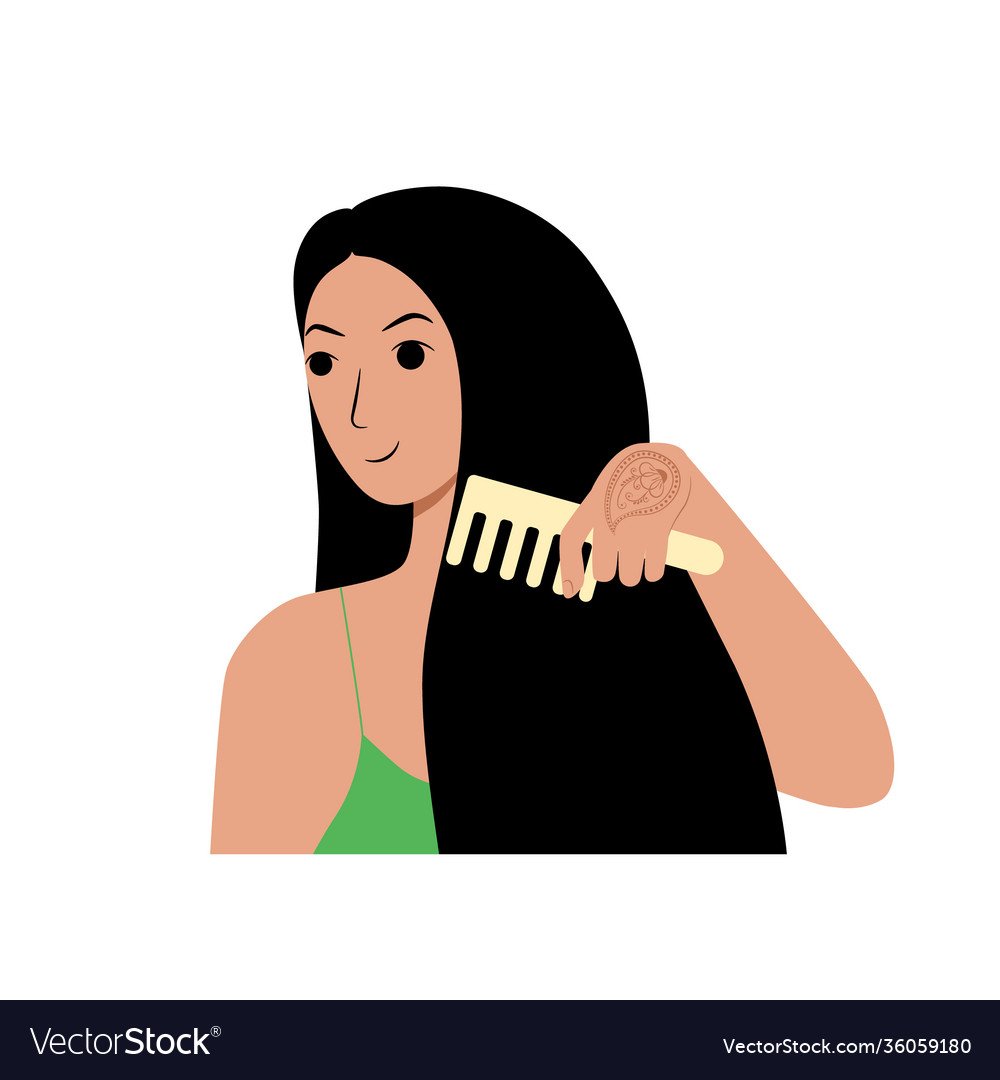 Beautiful young dark haired woman combing her long