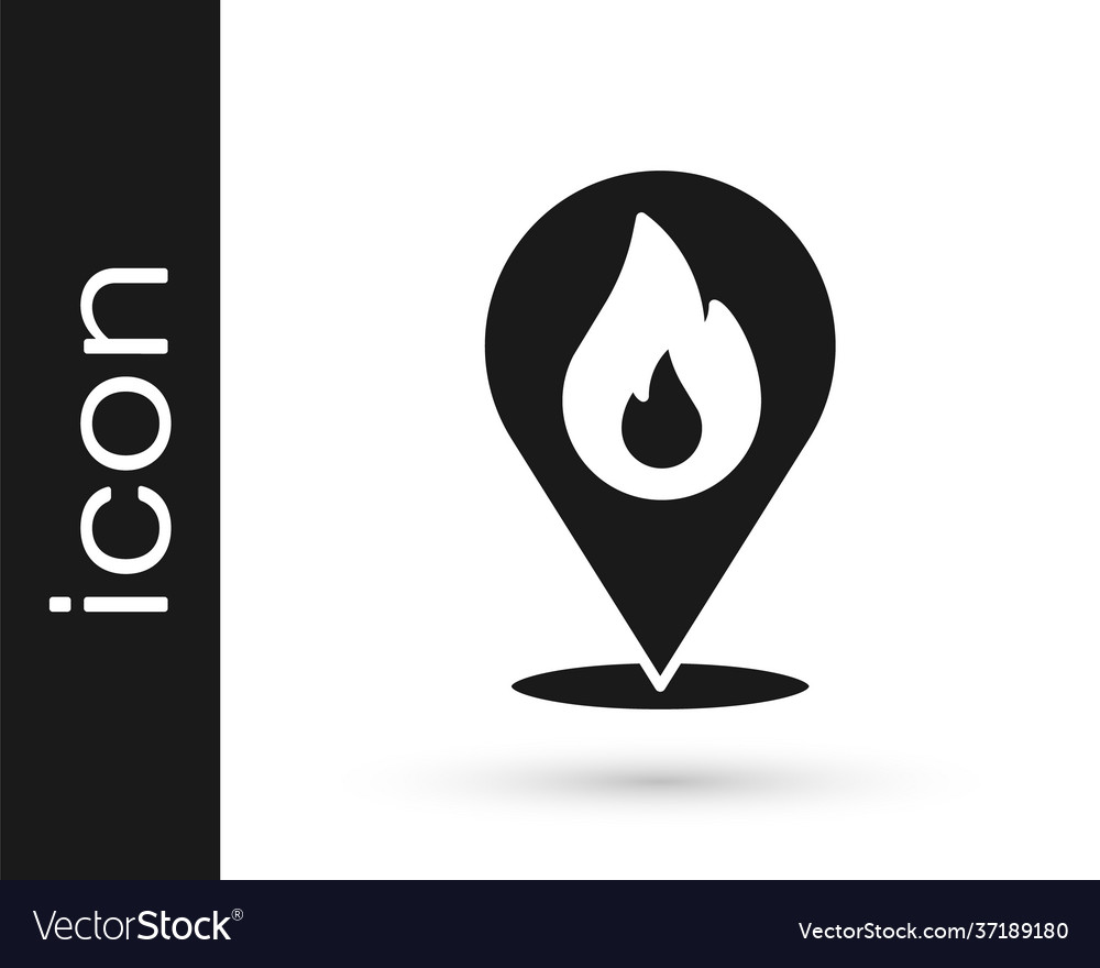Black map pointer with fire flame icon isolated vector image Black map pointer with fire flame icon isolated