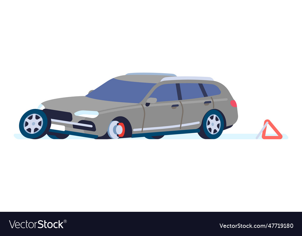 Gebrochenes Auto ohne Rad gefährliche Straßensituation vector image Gebrochenes Auto ohne Rad gefährliche Straßensituation
