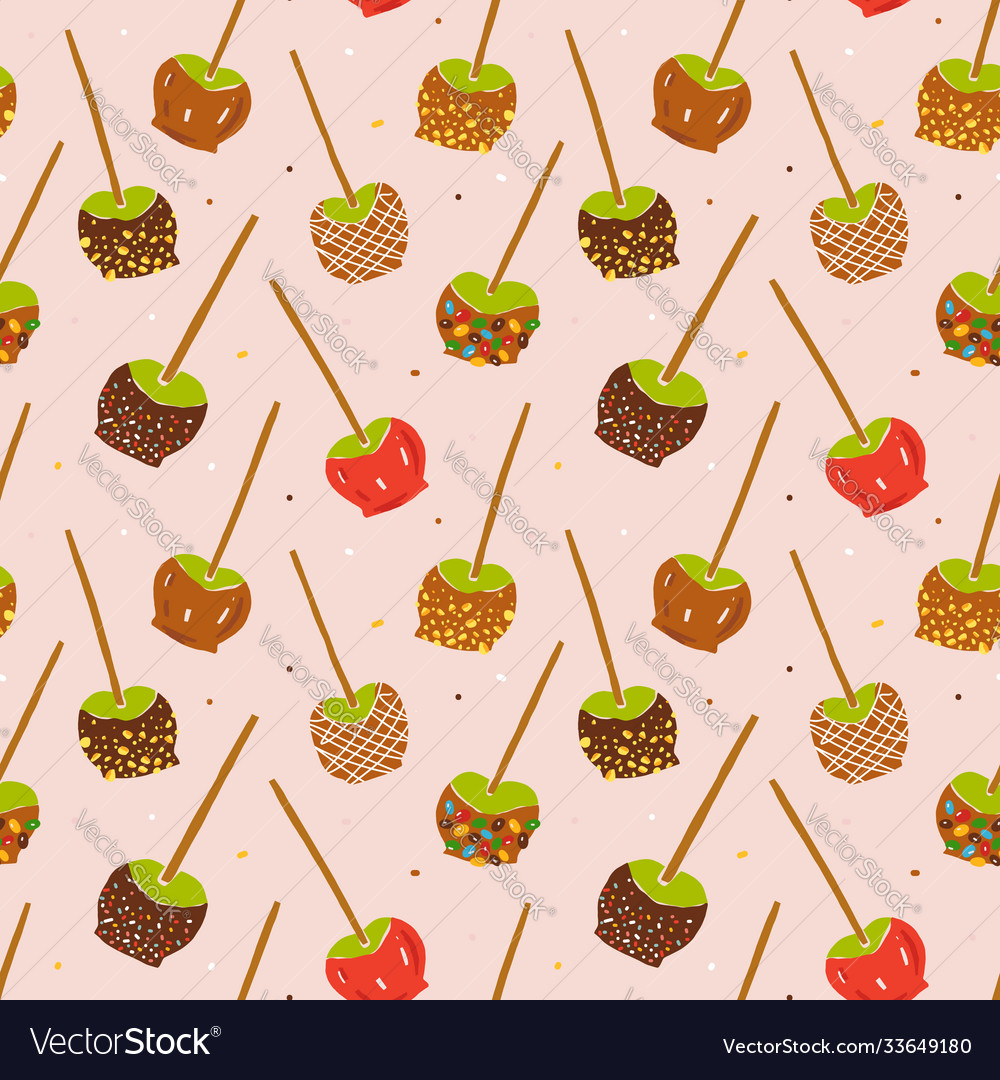 Caramel apples seamless pattern various toffee vector image Caramel apples seamless pattern various toffee