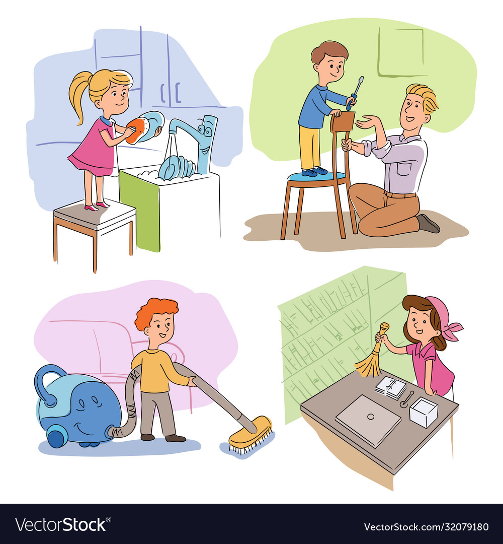 Kids Helping with Housework - Family Scene