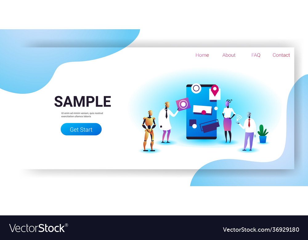 Robots team working in software develop user vector image Robots team working in software develop user