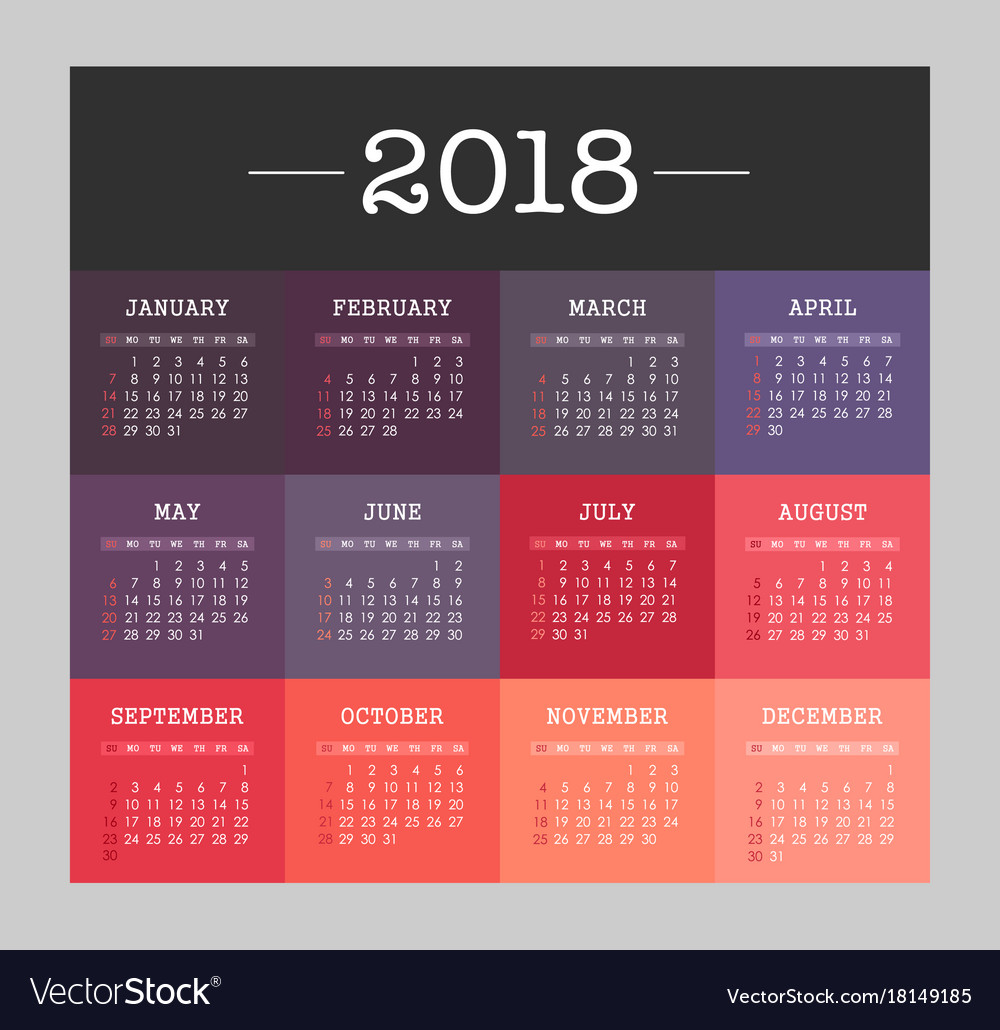 Calendar 2018 year week starts from sunday Vector Image