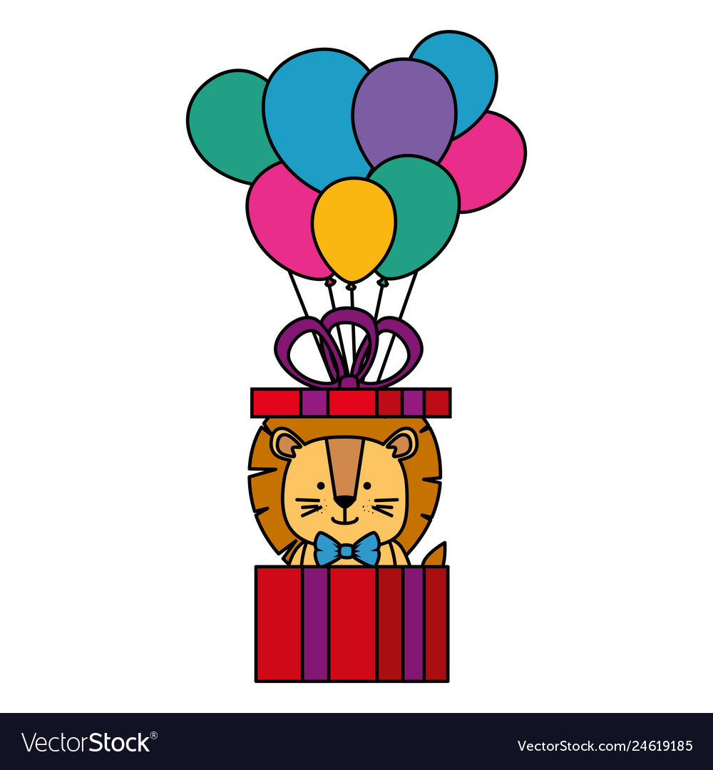 Cute lion in gift and balloons helium