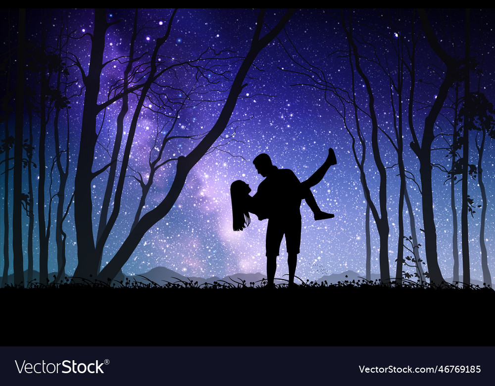 Lovers At Night Couple Silhouette In Forest Vector Image