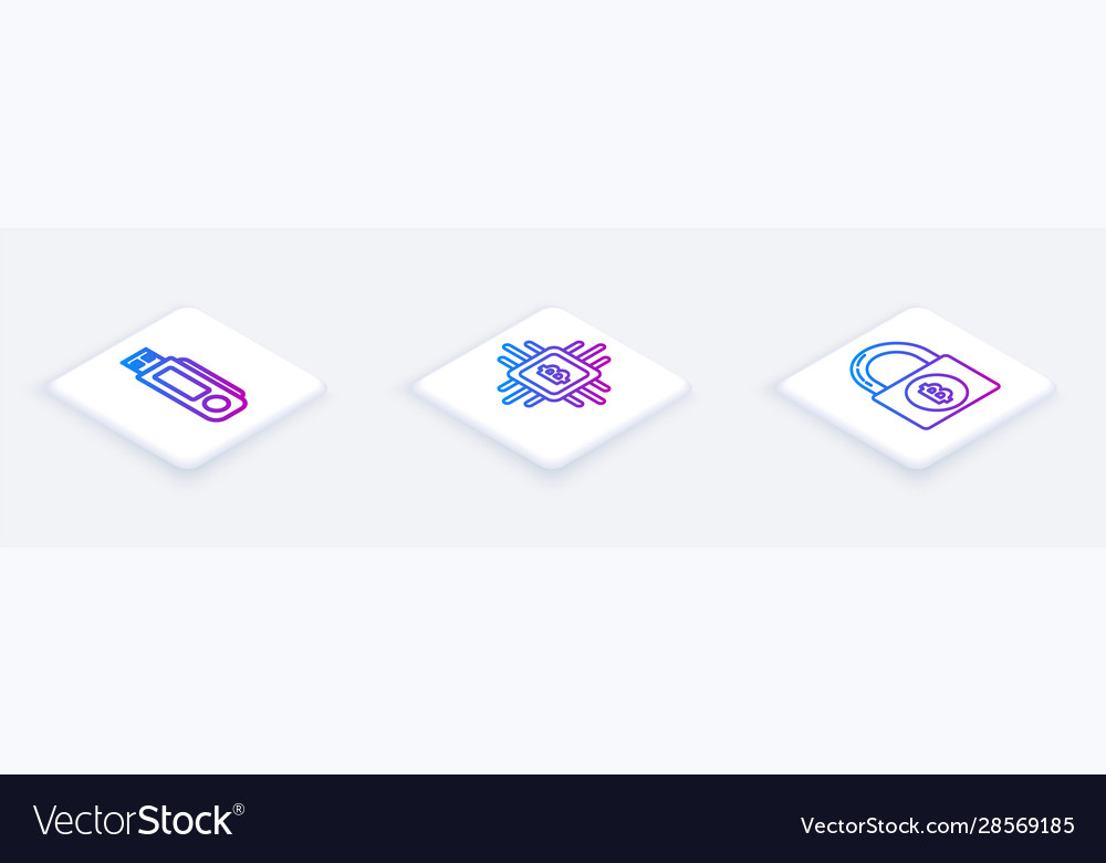 Set isometric line usb flash drive cpu mining vector image Set isometric line usb flash drive cpu mining