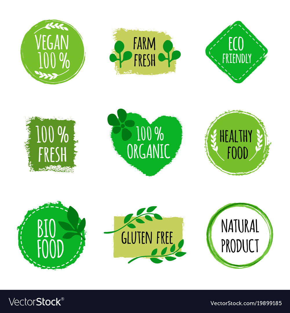 Set Of Vegan Logos Badges Signs Hand Drawn Bio Vector Image