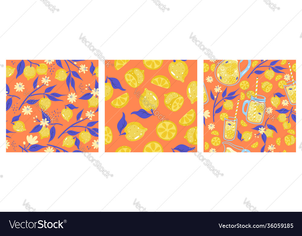 Set seamless patterns with lemonade and lemons