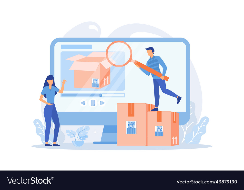 Bloggers with magnifier looking inside the box Vector Image Bloggers with magnifier looking inside the box
