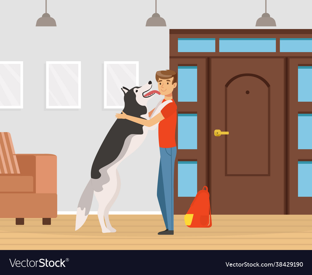 Man pet owner coming back with his dog licking his