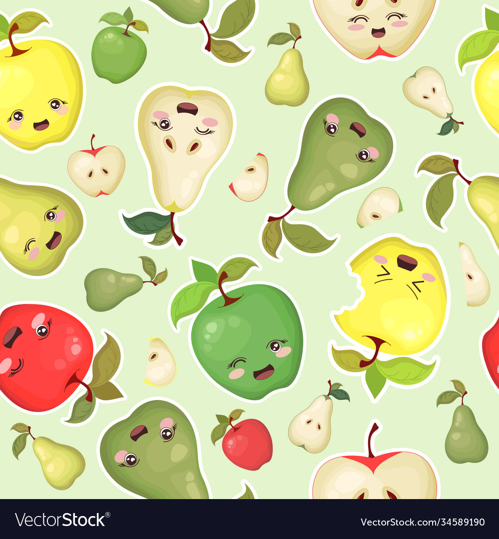 Seamless pattern with cute pears and apples