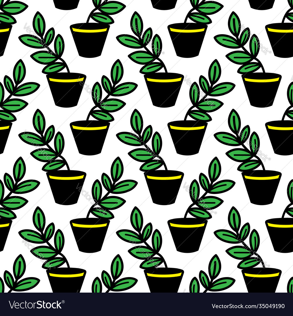 Seamless pattern with leaves in pots