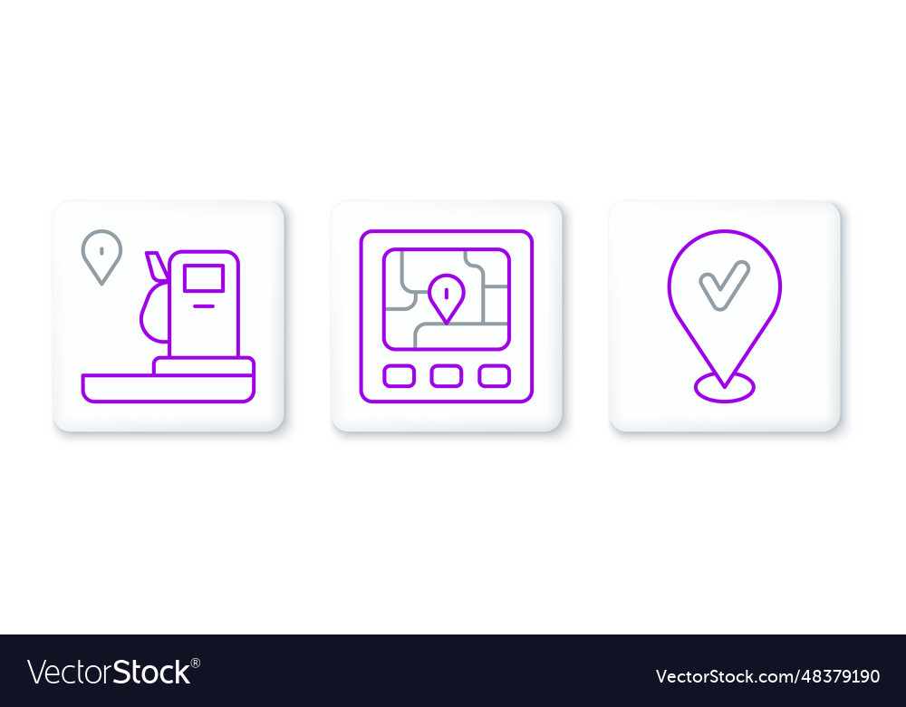 Set line location with check mark and gas station vector image Set line location with check mark and gas station