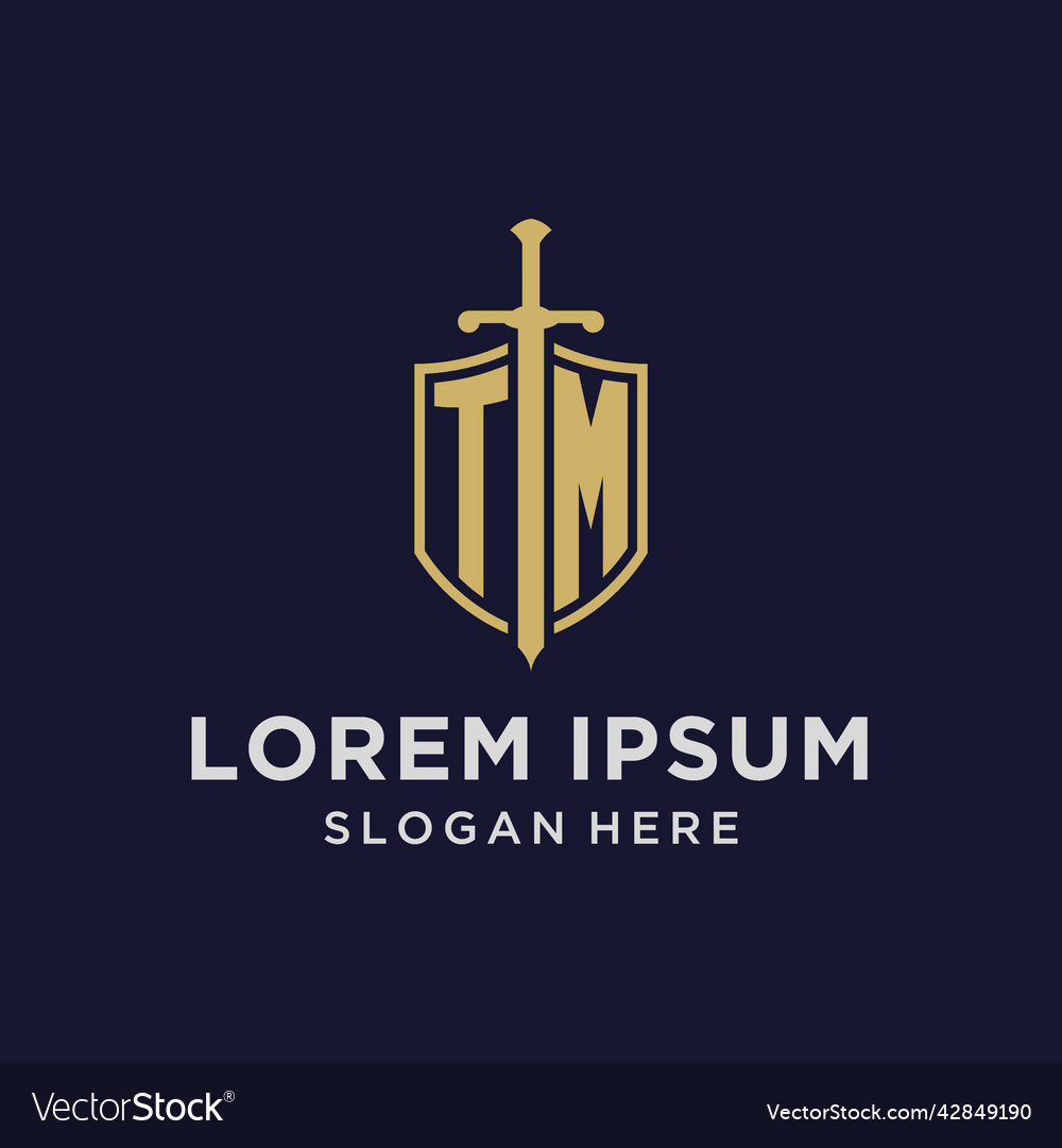Tm logo initial monogram with shield and sword Vector Image Tm logo initial monogram with shield and sword