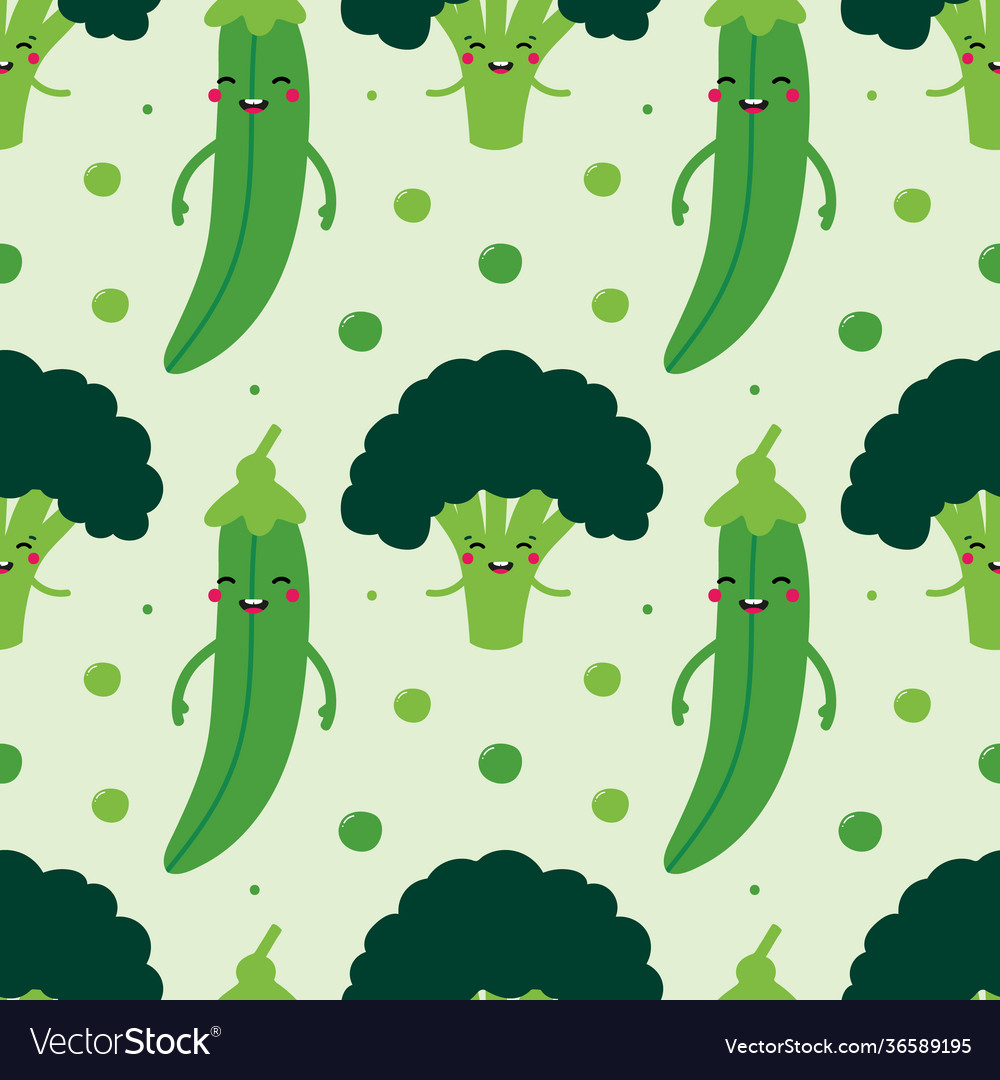 Broccoli and green peas pods characters pattern
