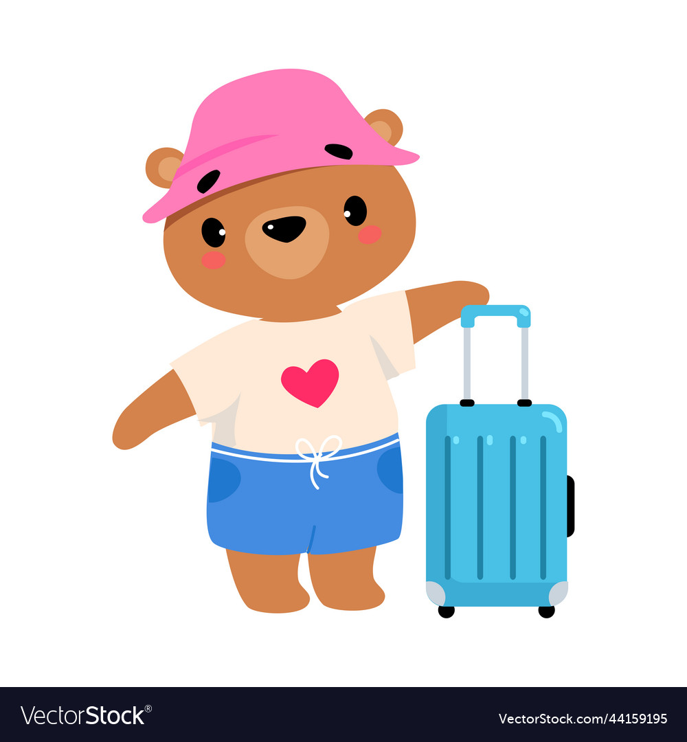 Cute bear traveler in hat with suitcase having vector image Cute bear traveler in hat with suitcase having